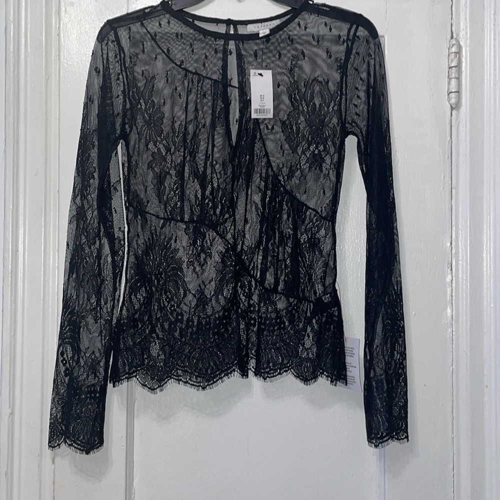 Topshop Women’s size 2 Black Lace Sheer Crewneck Layering Long Sleeve Shirt Top